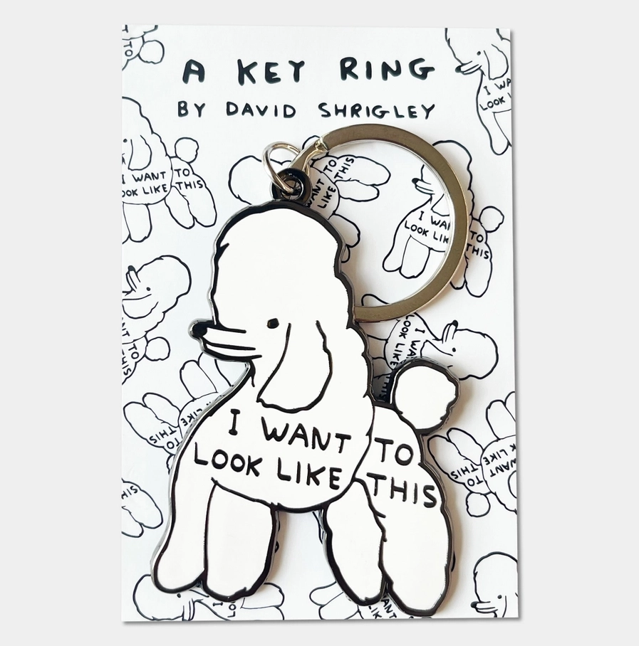 David Shrigley sleutelhanger met de tekst I want to look like this