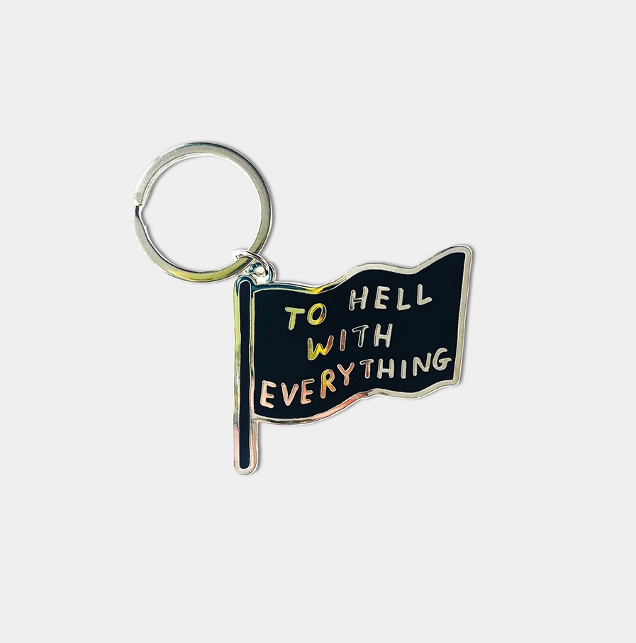 David Shrigley sleutelhanger To Hell With Everything in de vorm van een zwarte vlag