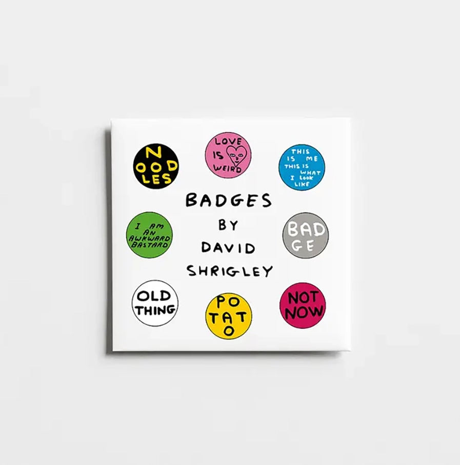 Set van 8 David Shrigley buttons met verschillende ontwerpen