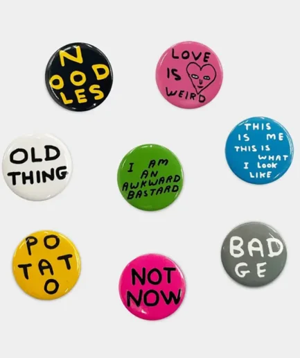 Set van 8 David Shrigley buttons met verschillende ontwerpen