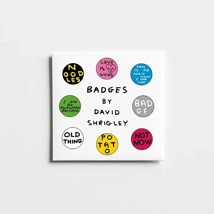 Set van 8 David Shrigley buttons met verschillende ontwerpen