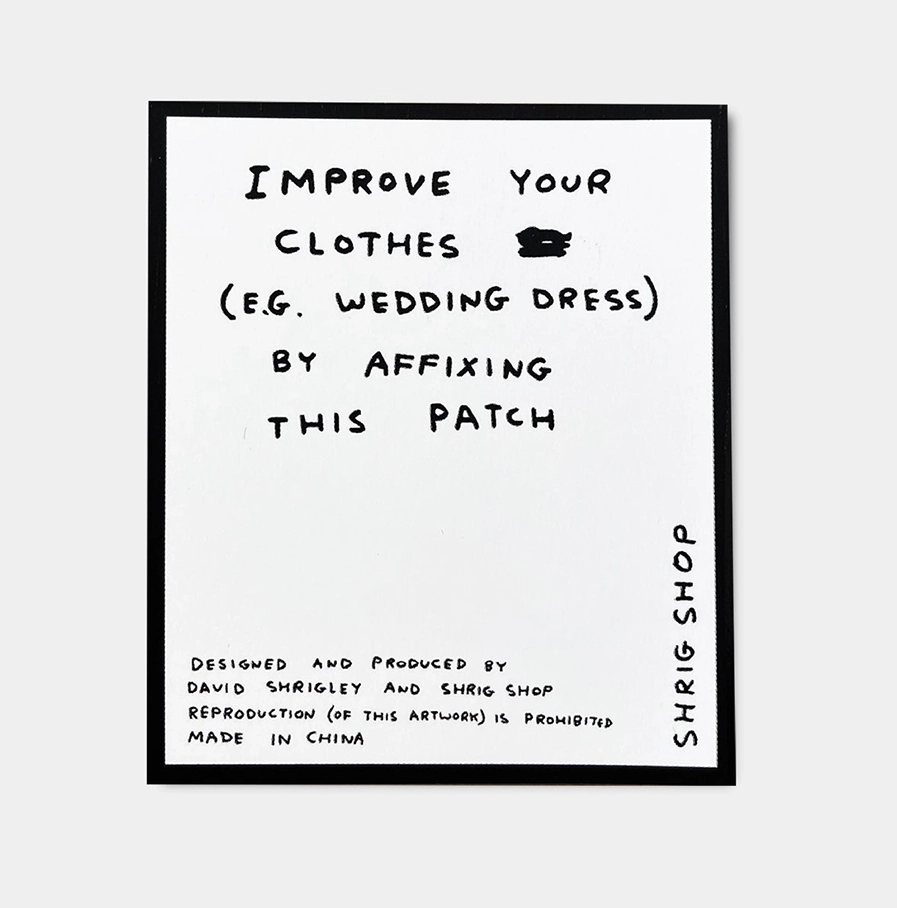 Gele David Shrigley strijkpatch met de tekst Hello
