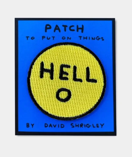 Gele David Shrigley strijkpatch met de tekst Hello