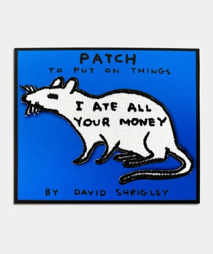 David-Shrigley- wit opstrijkembleem met de tekst 'I ate all your money'