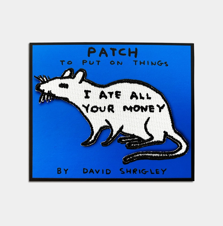 David-Shrigley- wit opstrijkembleem met de tekst 'I ate all your money'