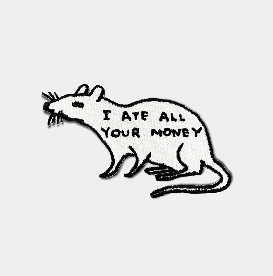 David-Shrigley- wit opstrijkembleem met de tekst 'I ate all your money'