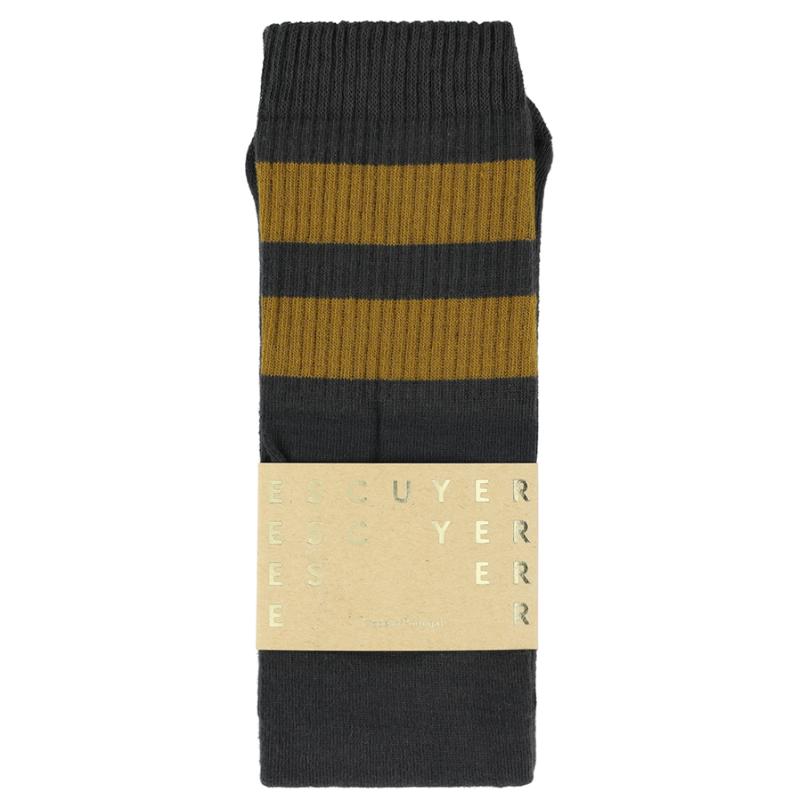 Escuyer unisex sokken, off-black met 2 komijnkleurige strepen