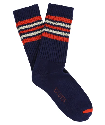 Escuyer damessokken, blauw met 5 oranje en ecru strepen