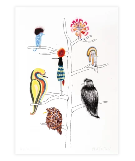 Illustratie van Paul Faassen met zeven kleurrijke, eigenzinnige vogels op de takken van een getekende boom.