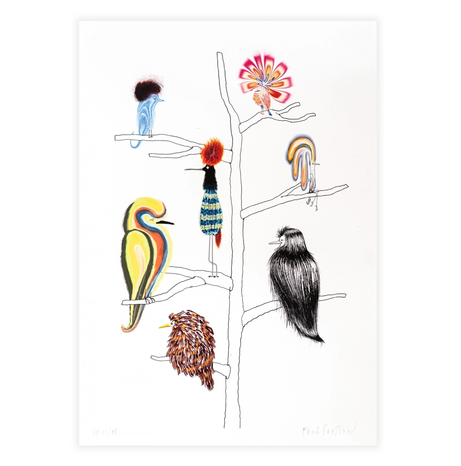Illustratie van Paul Faassen met zeven kleurrijke, eigenzinnige vogels op de takken van een getekende boom.