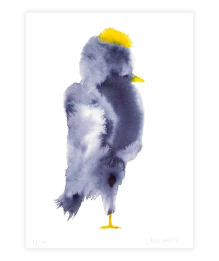 Vogel-llustratie van Paul Faassen zwart/grijs met gele kuif